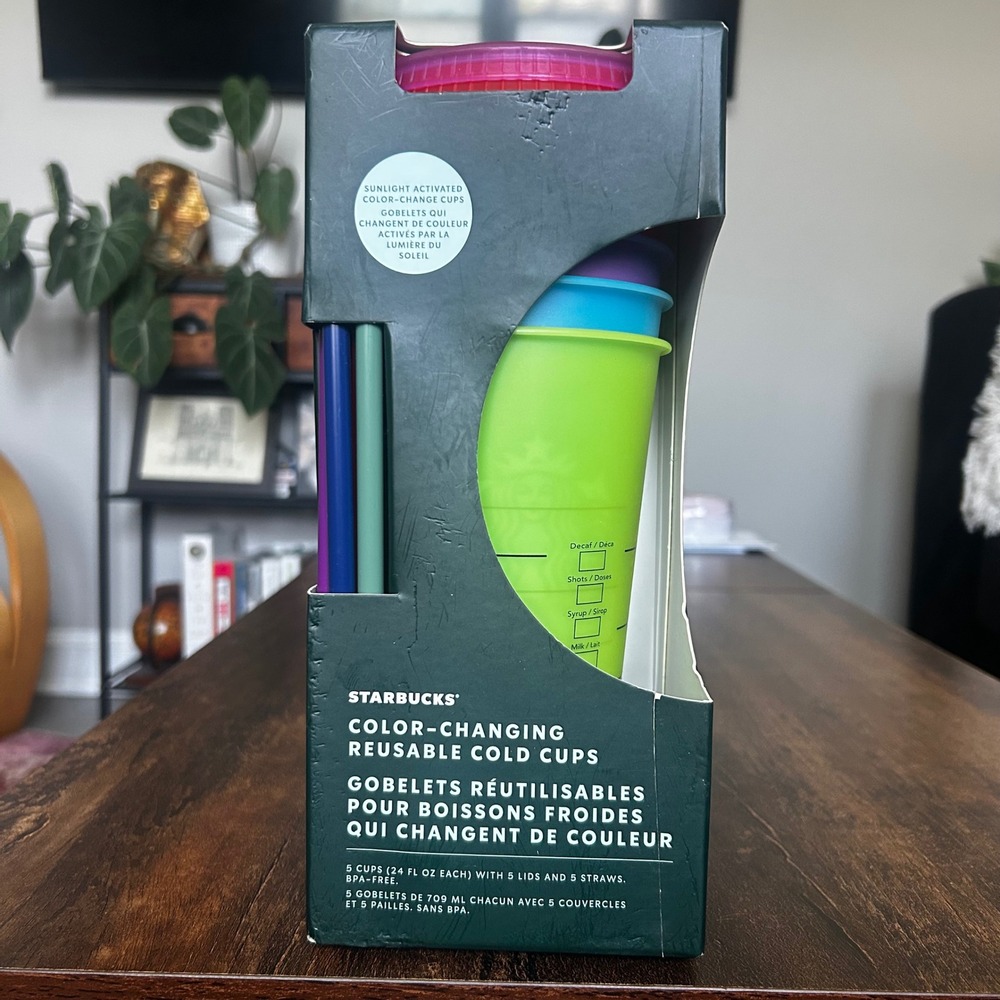 Starbucks Color-Changing Reusable Cold Cups 5-Pack 24oz Multi NEW UV Activated